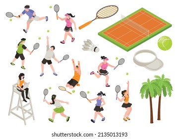 Isometric badminton set of isolated icons with sport equipment items court characters of players and judge vector illustration
