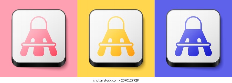 Isometric Badminton shuttlecock icon isolated on pink, yellow and blue background. Sport equipment. Square button. Vector