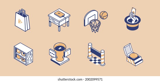 Isometric bag charging phone basketball hoop magic hat library app shelves security cup finish line and yellow button