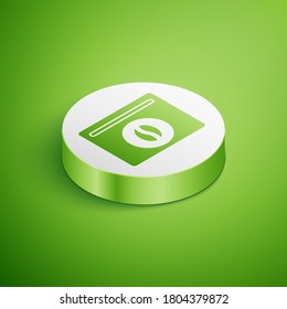 Isometric Bag of coffee beans icon isolated on green background. White circle button. Vector.