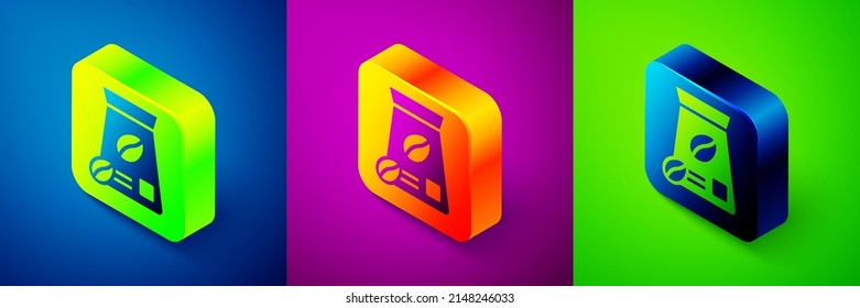 Isometric Bag of coffee frijoles icono aislado en fondo azul, púrpura y verde. Botón cuadrado. Vector