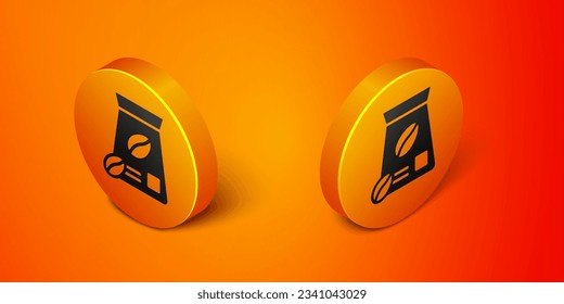 Isometric Bag of coffee beans icon isolated on orange background. Orange circle button. Vector