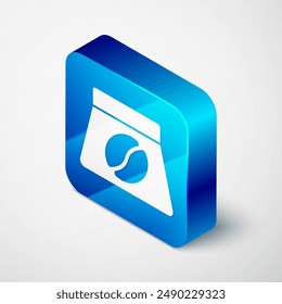 Icono de bolsa isométrica de granos de café aislado sobre fondo gris. Botón cuadrado azul. Vector