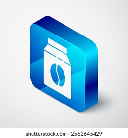 Isometric Bag of coffee beans icon isolated on grey background. Blue square button. Vector