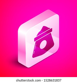 Isometric Bag of flour icon isolated on pink background. Silver square button. Vector Illustration