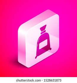 Isometric Bag of flour icon isolated on pink background. Silver square button. Vector Illustration