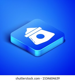 Isometric Bag of flour icon isolated on blue background. Blue square button. Vector Illustration