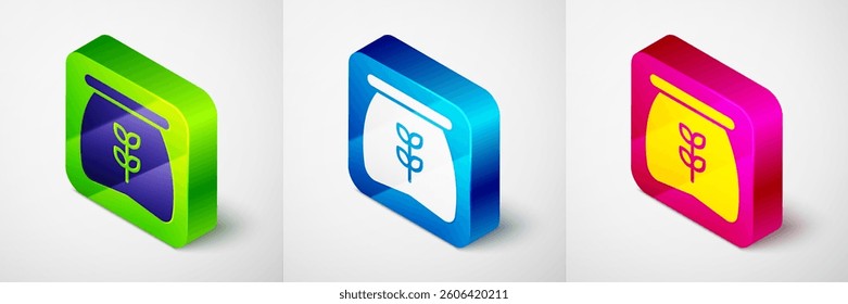 Isometric Bag of flour icon isolated on grey background. Square button. Vector