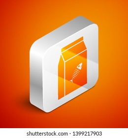Isometric Bag of food for cat icon isolated on orange background. Fish skeleton sign. Food for animals. Pet food package. Silver square button. Vector Illustration