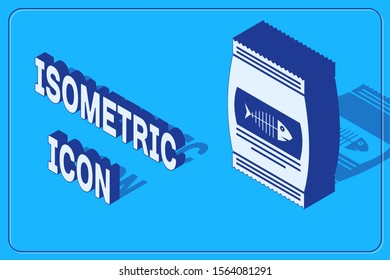 Isometric Bag of food for cat icon isolated on blue background. Fish skeleton sign. Food for animals. Pet food package.  Vector Illustration