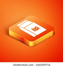 Isometric Bag of food for cat icon isolated on orange background. Food for animals. Pet food package.  Vector Illustration