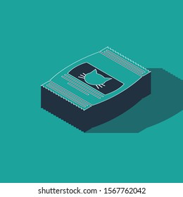 Isometric Bag of food for cat icon isolated on green background. Food for animals. Pet food package.  Vector Illustration