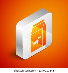 Isometric Bag of food for dog icon isolated on orange background. Food for animals. Pet food package. Silver square button. Vector Illustration