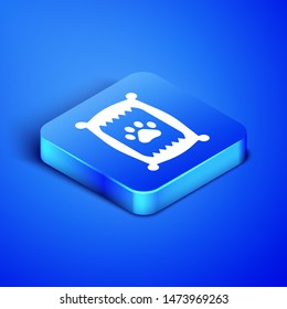 Isometric Bag of food for dog icon isolated on blue background. Dog or cat paw print. Food for animals. Pet food package. Blue square button. Vector Illustration