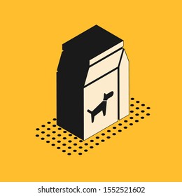 Isometric Bag of food for dog icon isolated on yellow background. Food for animals. Pet food package.  Vector Illustration