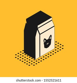 Isometric Bag of food for dog icon isolated on yellow background. Food for animals. Pet food package.  Vector Illustration
