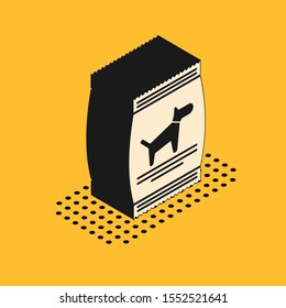 Isometric Bag of food for dog icon isolated on yellow background. Food for animals. Pet food package.  Vector Illustration