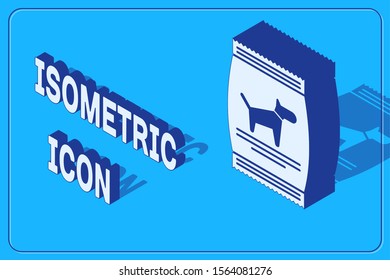 Isometric Bag of food for dog icon isolated on blue background. Food for animals. Pet food package.  Vector Illustration