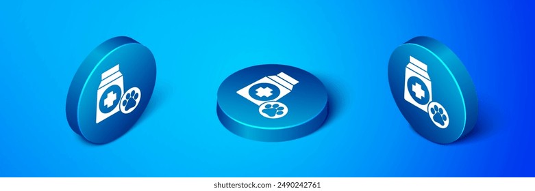 Isometric Bag of food for dog icon isolated on blue background. Dog or cat paw print. Food for animals. Pet food package. Blue circle button. Vector
