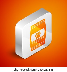 Isometric Bag of food for pet icon isolated on orange background. Food for animals. Pet food package. Dog or cat paw print. Silver square button. Vector Illustration