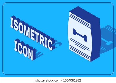 Isometric Bag of food for pet icon isolated on blue background. Food for animals. Dog bone sign. Pet food package.  Vector Illustration