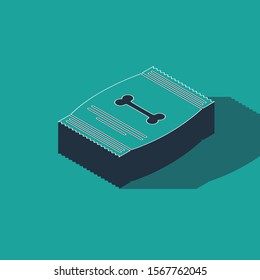 Isometric Bag of food for pet icon isolated on green background. Food for animals. Dog bone sign. Pet food package.  Vector Illustration