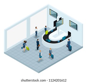 Isometric baggage claim hall after flight, international airport, business ladies and businessmen on a business trip, passengers with luggage leave to the city.