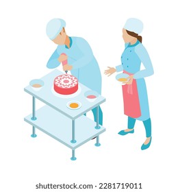 Isometric bakers or confectioners decorating cake 3d vector illustration