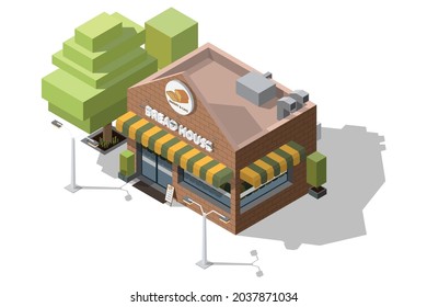 Isometric bakery and cafe with sign or logo on top in the shape of bread 3D model of bread shop and tree with street lamps vector illustration isolated on white background