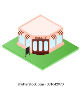 Isometric Bakery. Little shop of pastries. Your own small business. Pastries and baked goods. Bright colors. Vector illustration.