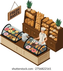 Isometric bakery shop with baker, fresh bread pastries donuts display counter interior vector illustration isolated on clean background design