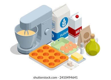 Isometric baking pastry cakes, muffins, tarts, with cooking baking ingredients, flour, eggs, milk and sugar. Kitchen mixer. Cookies and croissants Baking tray with tasty homemade cookies taking