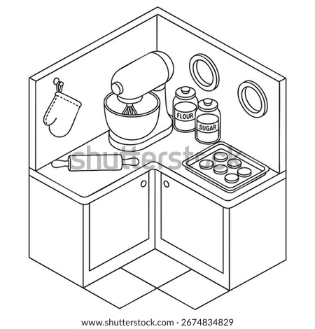 Isometric Baking Station Colouring Page: Jars, Cookie Tray, Rolling Pin, Stand Mixer,