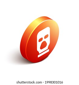 Isometric Balaclava icon isolated on white background. A piece of clothing for winter sports or a mask for a criminal or a thief. Orange circle button. Vector