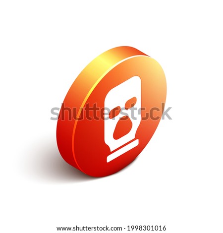 Isometric Balaclava icon isolated on white background. A piece of clothing for winter sports or a mask for a criminal or a thief. Orange circle button. Vector