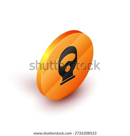 Isometric Balaclava icon isolated on white background. A piece of clothing for winter sports or a mask for a criminal or a thief. Orange circle button. Vector