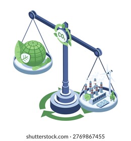 Isometric Balance Scale Comparing Emissions and Green Planet. Carbon Neutral and Sustainability Strategy Concept
