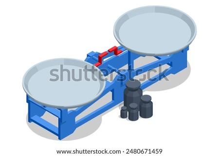 Isometric balance scale. Balance Scale with Double Pans. Bowls of scales in balance. Calibration weight banner. Sellers and marketing