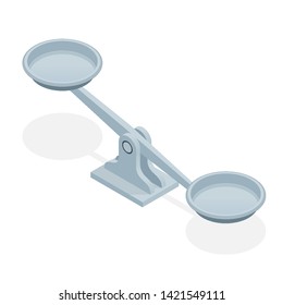 Isometric balance scales isolated on white background. Symbol of law and justice.