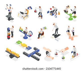 Isometric balancing in life conceptual icons set with human characters on scales isolated 3d vector illustration