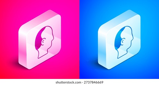 Isometric Baldness icon isolated on pink and blue background. Alopecia. Silver square button. Vector