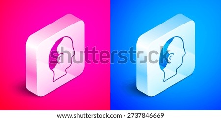 Isometric Baldness icon isolated on pink and blue background. Alopecia. Silver square button. Vector