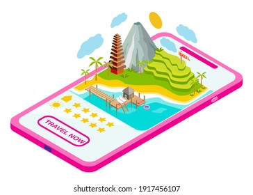 Isometric Bali island with mountain, tower, bungalow on water and rice fields. Travel  destination with ratings on smartphone illustration. 