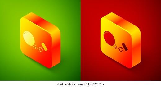 Isometric Ball en el icono de la cadena aislado en fondo verde y rojo. Botón cuadrado. Vector