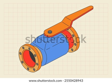 Isometric ball valve drawing. Colored illustration for background. 