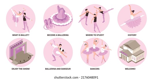 Isometric ballet composition set with ballerinas and danseurs isolated vector illustration