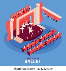 Isometrische Ballettzusammensetzung mit Ballerinas auf der Theaterbühne, einzelne Vektorgrafik