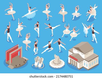 Isometric ballet icons set with theatre building and dancing costumes isolated vector illustration