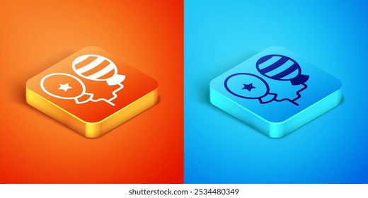 Isometric Balloons with ribbon icon isolated on orange and blue background. Happy Easter.  Vector