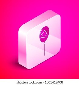 Isometric Balloons with ribbon with star of david icon isolated on pink background. Balloon with israel flag. Silver square button. Vector Illustration